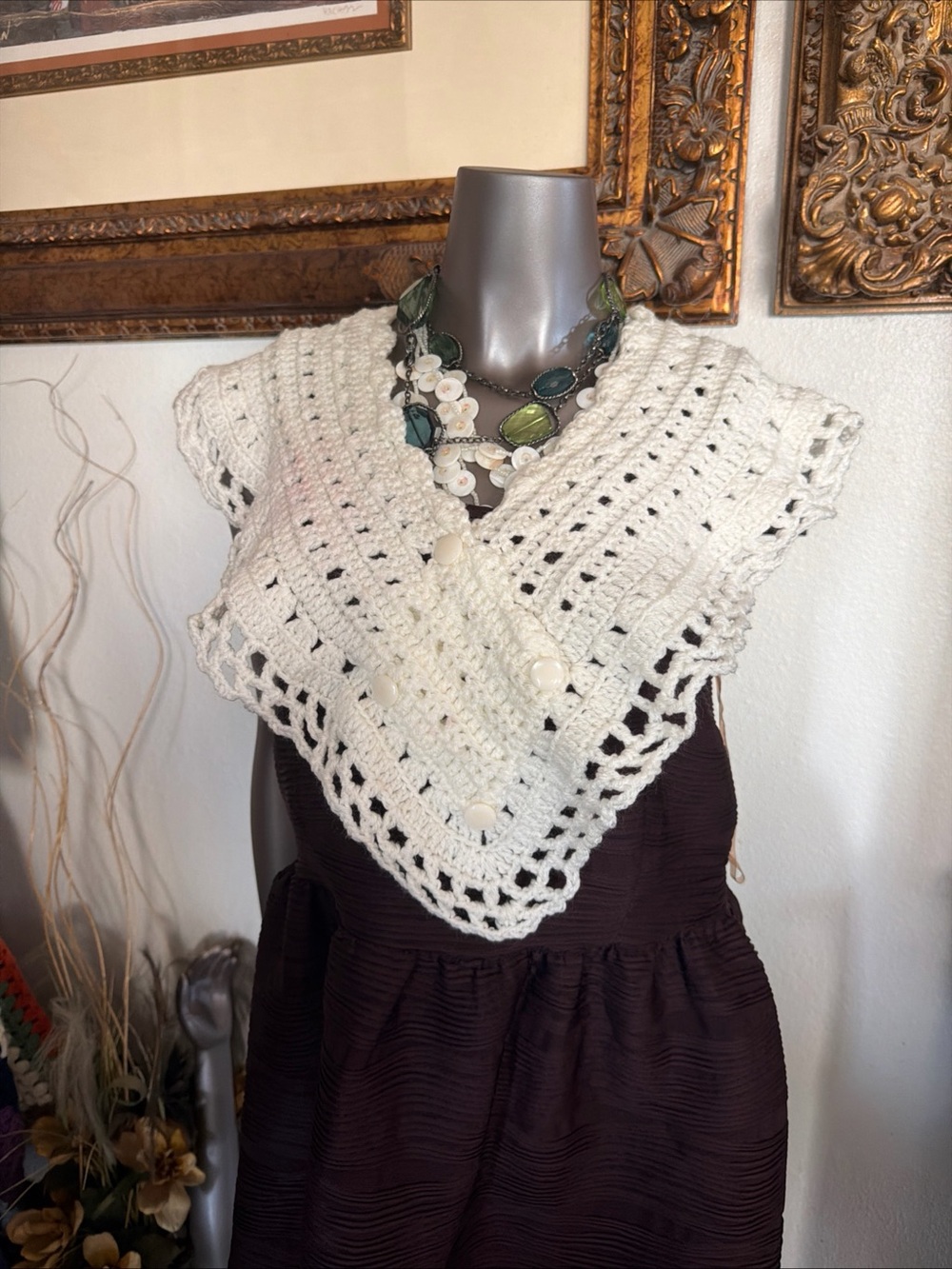 Handmade Cream Crochet Shawl Collar Scarf - Brand Unknown